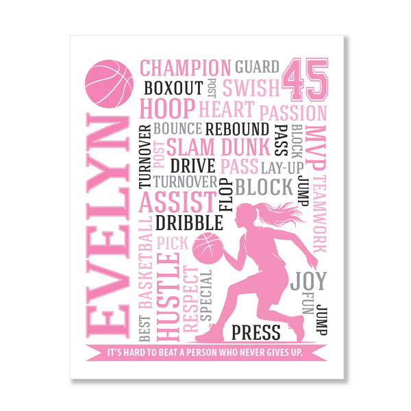 Motivational basketball wall art featuring player name and number on matte paper