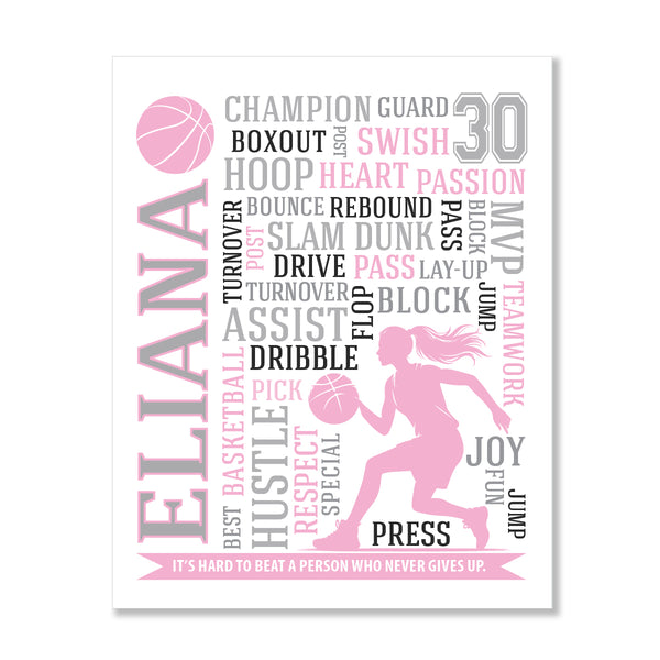 Modern basketball room decor for girls with custom typographic design
