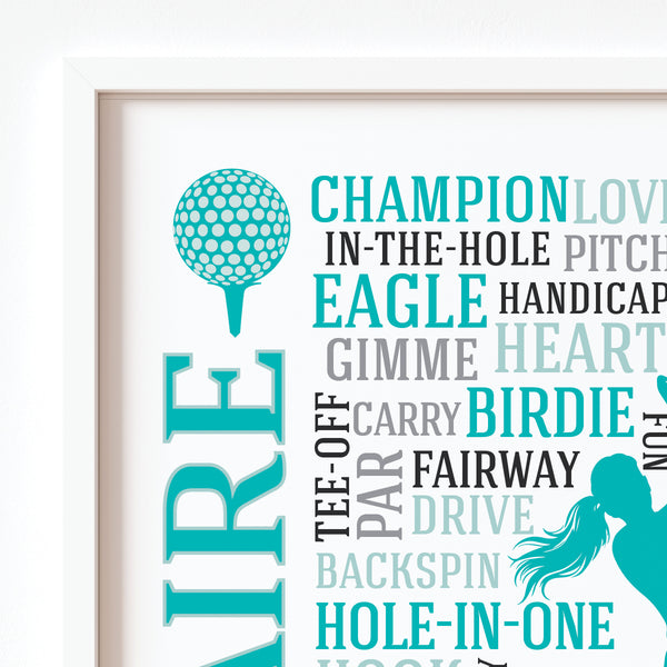 Close-up of crisp typography and custom name on high-quality 200gsm golf art print