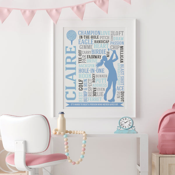Customized golf girl bedroom poster with motivational quotes and player name