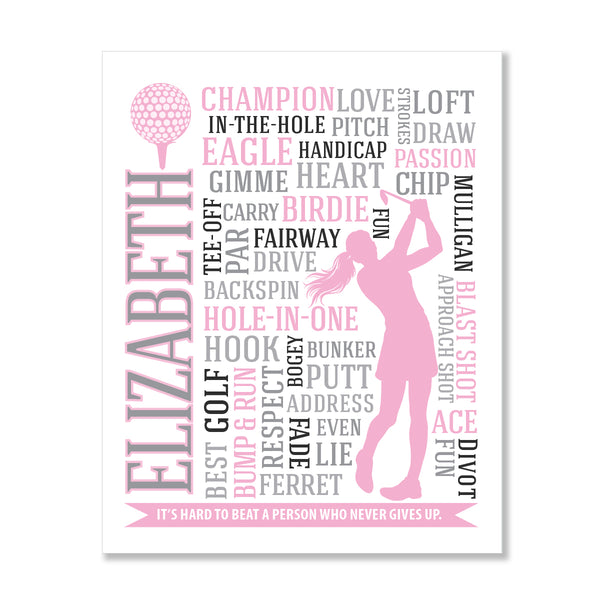 Inspirational golf wall decor for girls featuring custom name and athletic word cloud