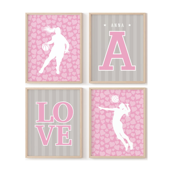 Custom multi-sport girls wall art print set combining soccer, basketball, volleyball, and track graphics
