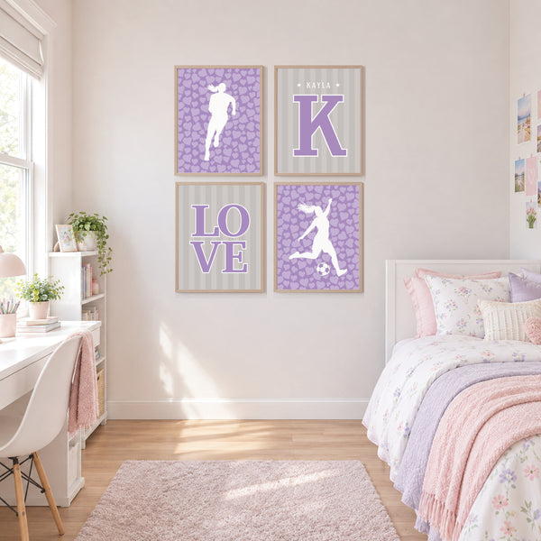 Set of 4 personalized girls sports wall art prints arranged in a teen bedroom