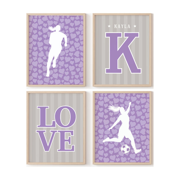 Set of 4 personalized multiple girls sports wall art prints featuring custom name