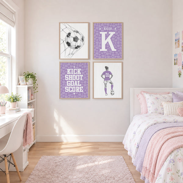 Personalized pencil and graphic soccer art displayed on a gallery wall in a tween bedroom