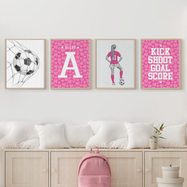 Set of 4 personalized girl soccer prints featuring hybrid pencil drawing and modern graphic design
