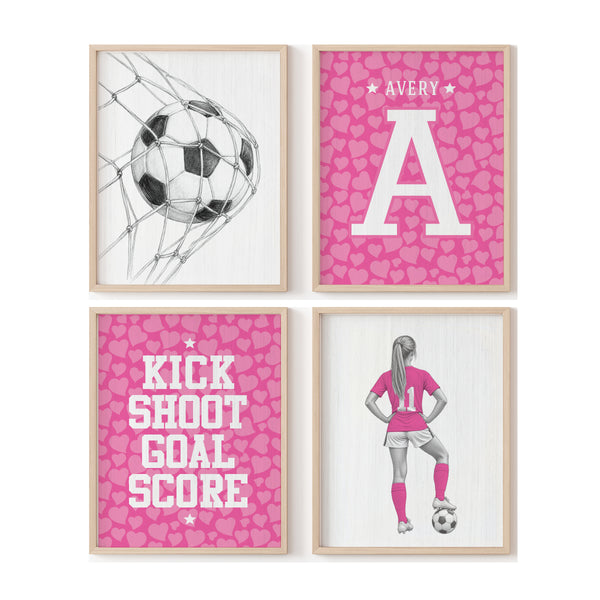 Set of 4 pencil sketch and modern graphic girl soccer prints