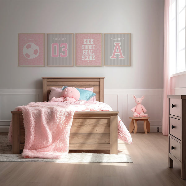 Soccer team room decor with personalized girls artwork