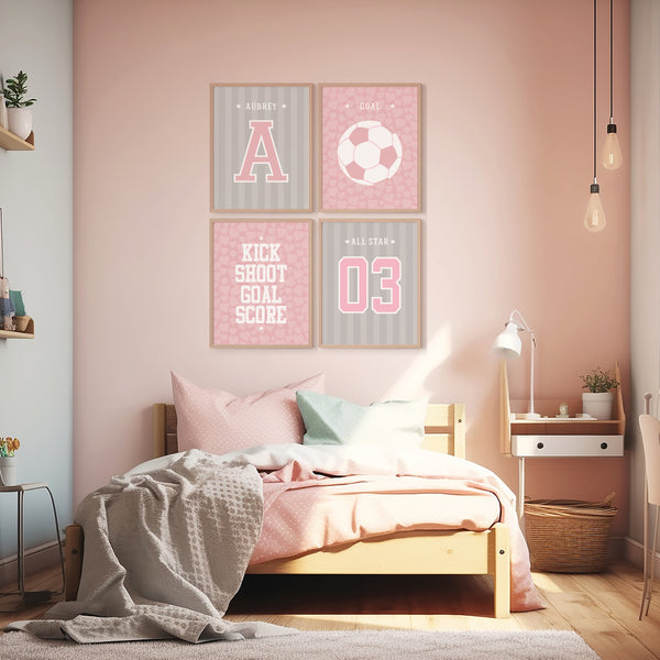 Custom name jersey number soccer wall art set for girls