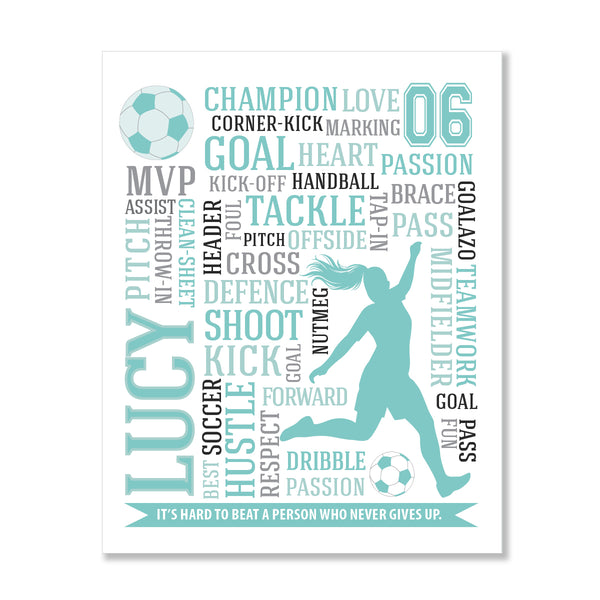 Inspirational soccer wall decor for girls with player name and jersey number