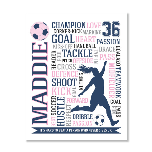 Teen girl soccer bedroom poster featuring motivational sports typography