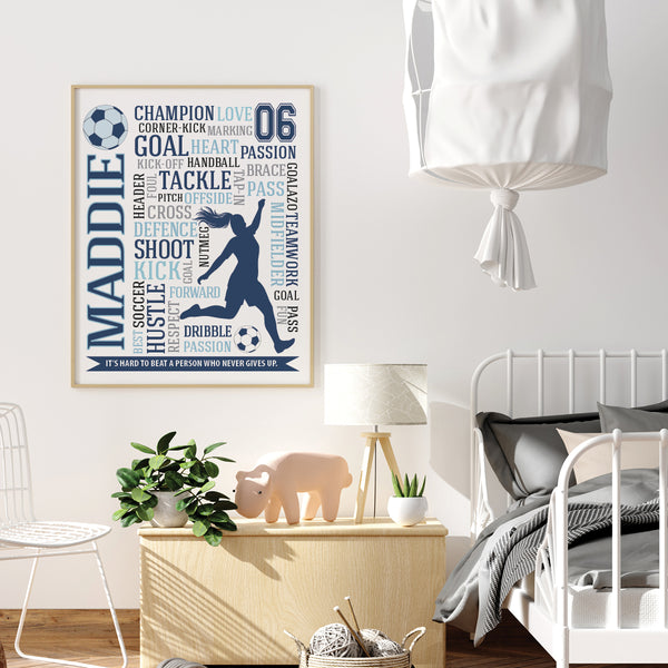Modern girls soccer bedroom decor with inspirational typographic silhouette