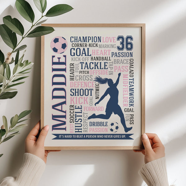 Motivational soccer wall art for girls room featuring custom name and number