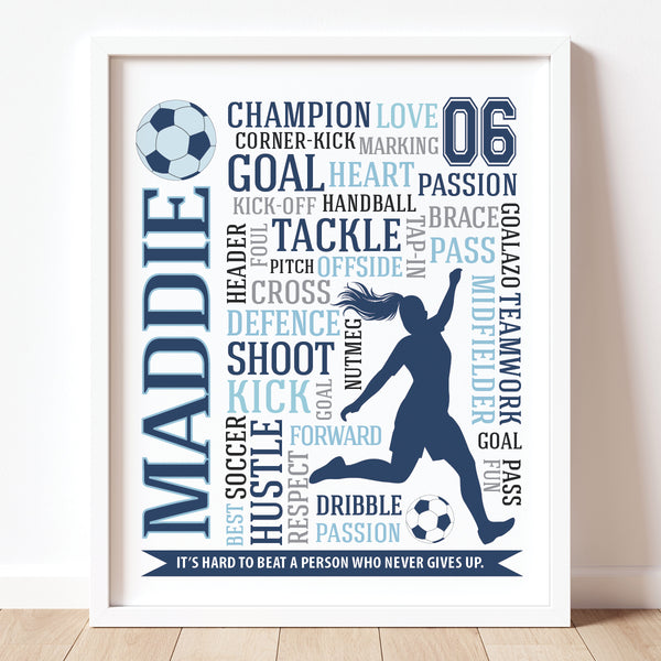Personalized soccer girl typography print with custom name and jersey number