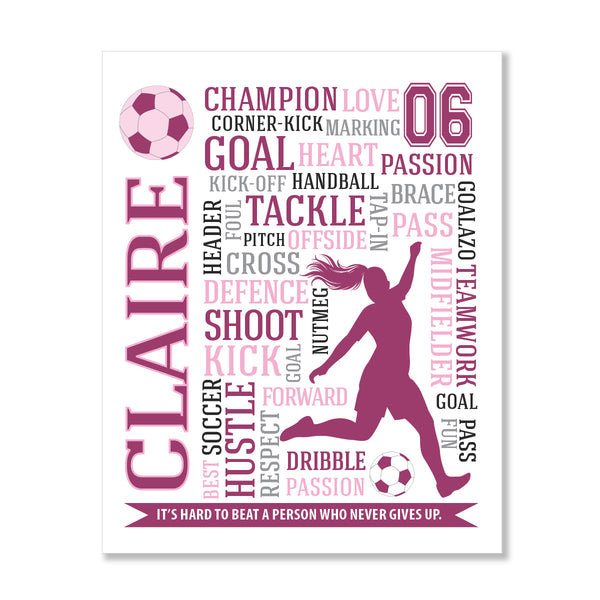Motivational soccer wall art featuring player name and number on matte paper