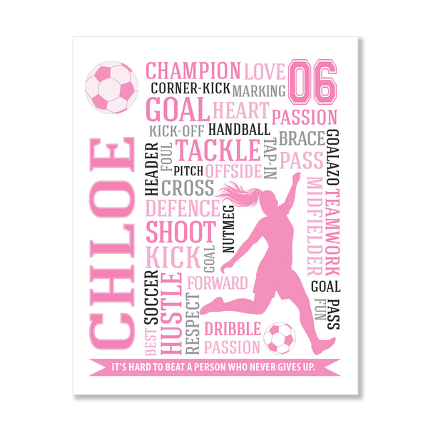 Modern soccer room decor for girls with custom typographic design