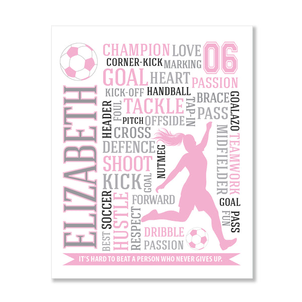 Personalized soccer girl typography wall art with custom name and number