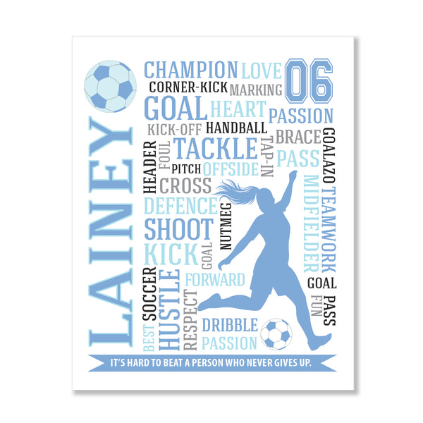 Personalized soccer girl typography print with custom player name and jersey number