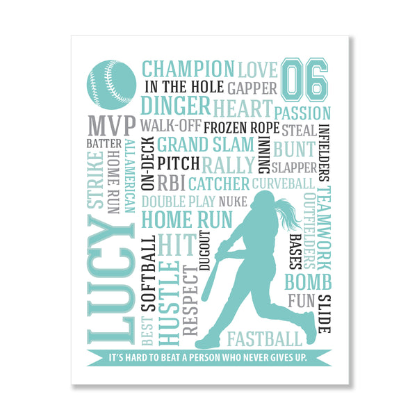 Modern softball room decor for teen girls: personalized typographic wall art in team colors