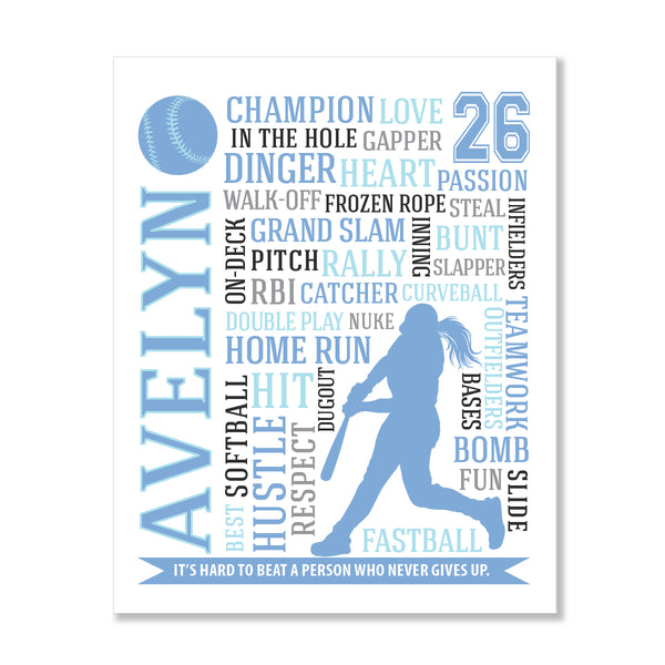 Customized softball girl bedroom poster with motivational words and player name