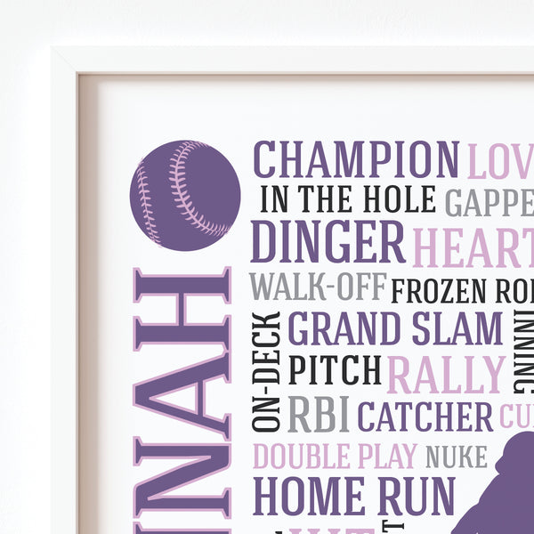 Close-up of crisp typography and custom name on high-quality 200gsm softball print
