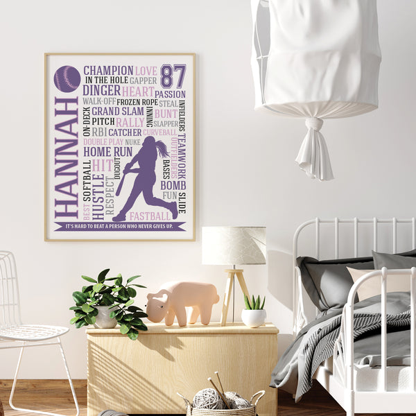 Inspirational softball wall decor for girls with custom name and jersey number