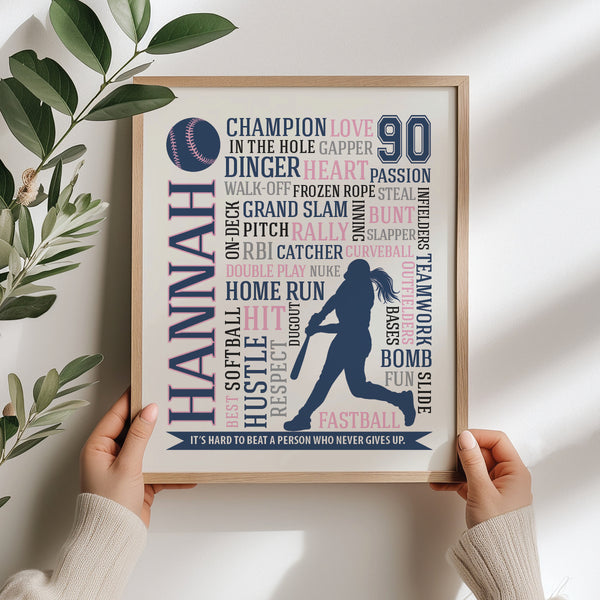 Customized softball girl bedroom poster with motivational words and player name