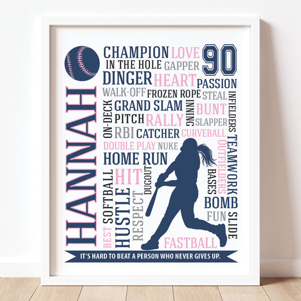 Personalized softball girl typography print with custom name and jersey number