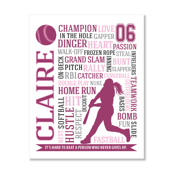 Inspirational softball wall decor for girls with motivational player typography