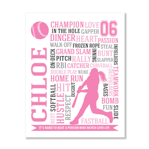 Modern teen girls softball bedroom poster with custom name and number