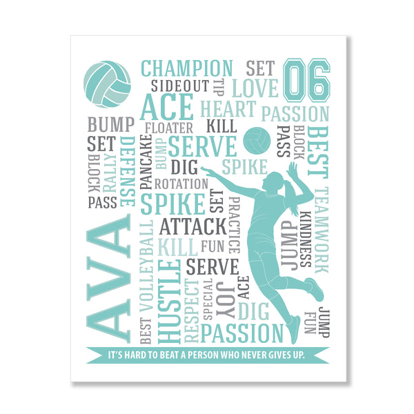 Customized volleyball girl bedroom poster with motivational words and player name