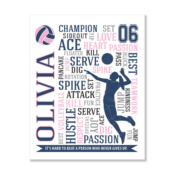 Modern volleyball room decor for teen girls: personalized typographic wall art in team colors