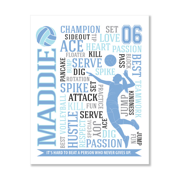 Inspirational volleyball wall decor for girls with custom name and jersey number
