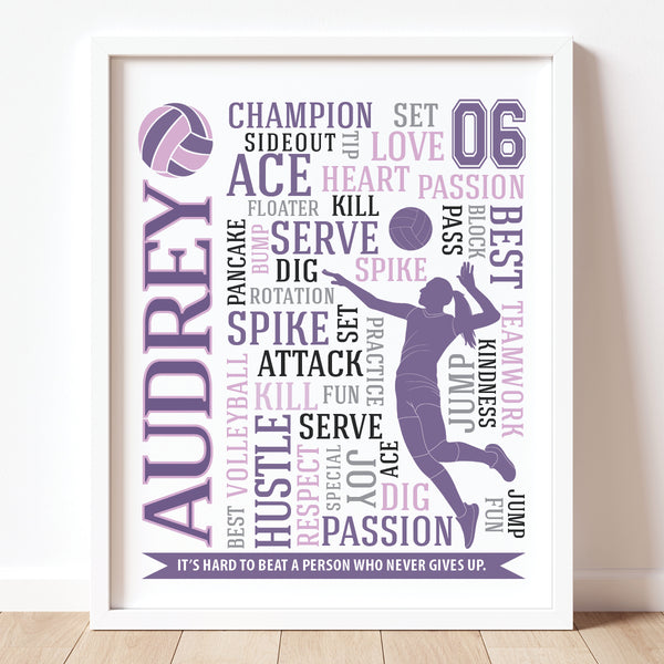 Personalized volleyball girl typography print with custom name and jersey number