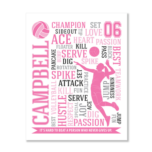 Motivational volleyball wall art featuring player name and number on matte paper
