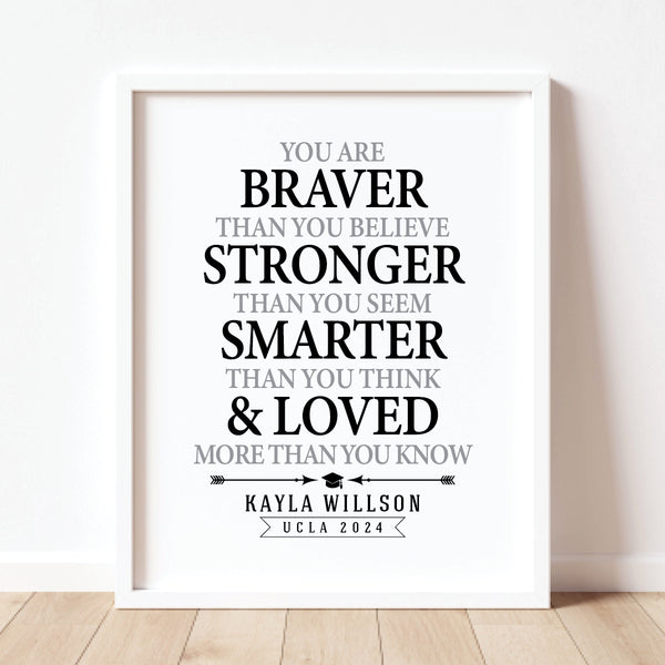 Personalized "You Are Braver" graduation wall art with custom name and grad year