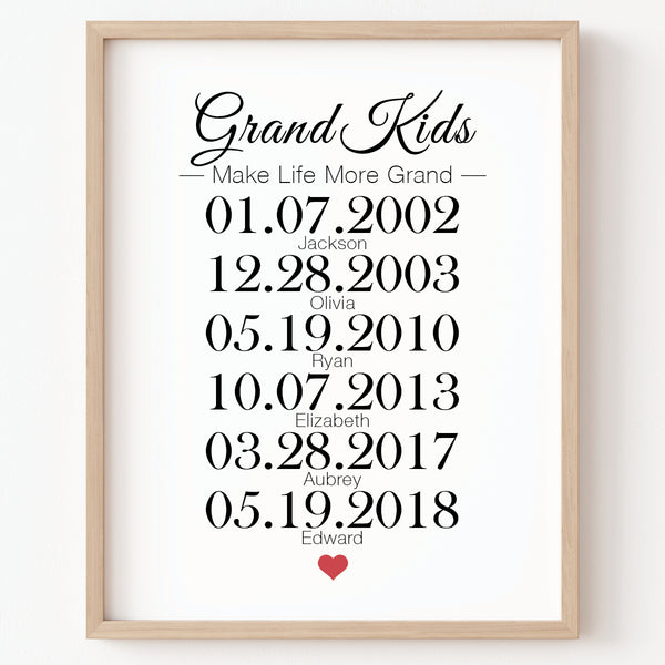 Grandchildren Make Life Grand personalized birthdays print with names and dates