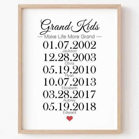 Grandchildren Make Life Grand personalized birthdays print with names and dates