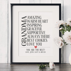 Black and White Personalized Grandma Word Art Print