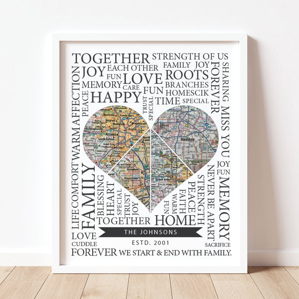 Custom Long Distance Map Heart Print – Personalized Couples & Family Wall Art
