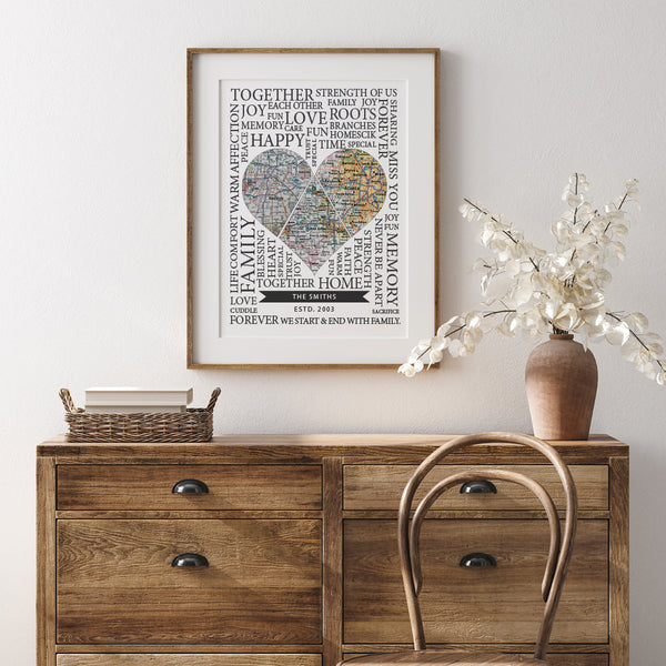 Custom Long Distance Map Heart Print – Personalized Couples & Family Wall Art
