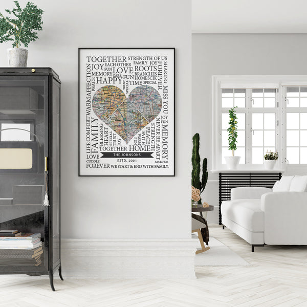 Custom Long Distance Map Heart Print – Personalized Couples & Family Wall Art