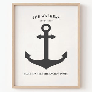 Personalized family name anchor wall print black and white