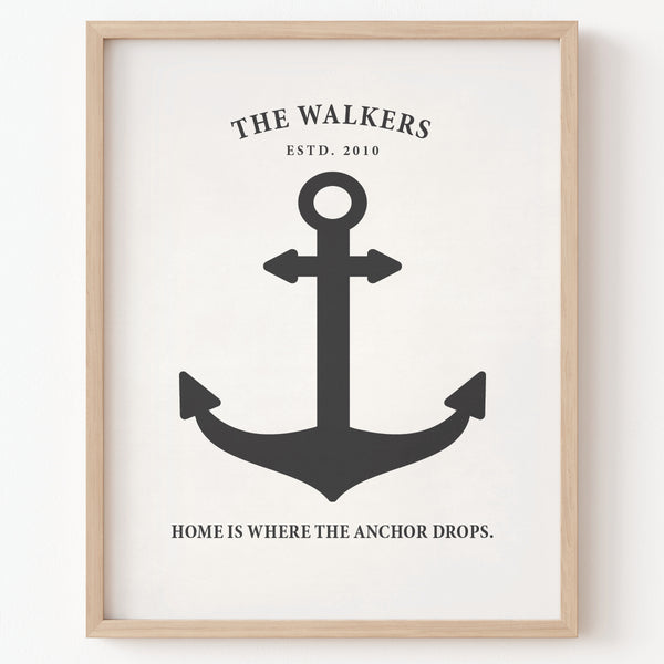 Personalized family name anchor wall print black and white