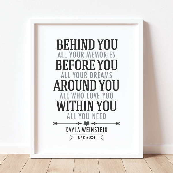 Personalized "Behind You Before You" graduation wall art for her with custom name