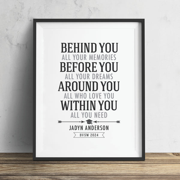 Minimalist graduation keepsake print for dorm room decor in custom colors.