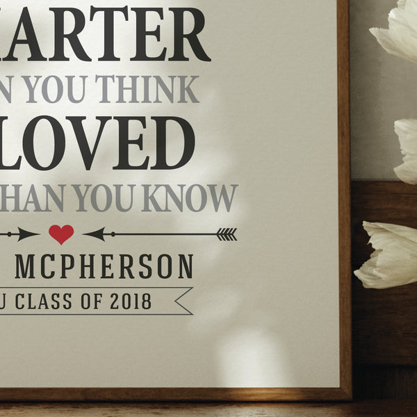 Custom graduation gift detail showing school initials and heart on premium matte print