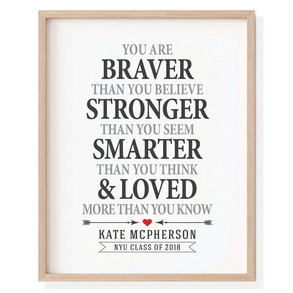 Personalized "You Are Braver" graduation wall art with custom name and 2026 graduation year