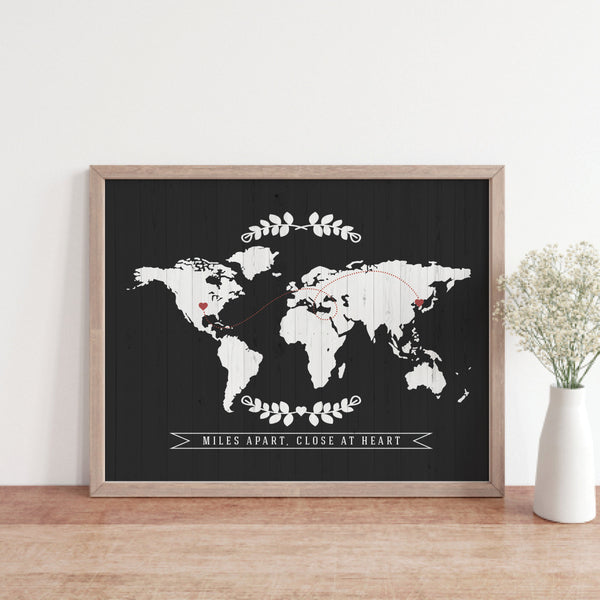 Custom long distance relationship map print framed and displayed on a bedroom dresser