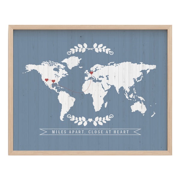 Personalized world map art print with custom heart connection line and names for long distance relationship gift